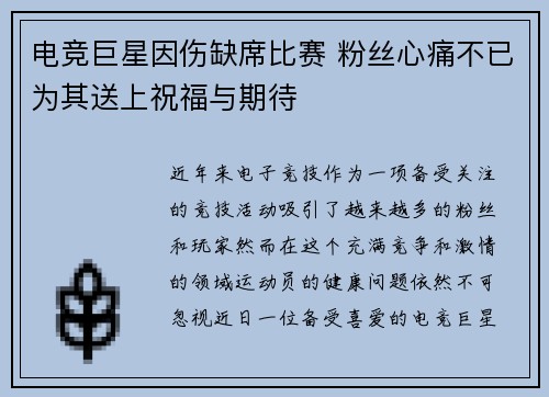 电竞巨星因伤缺席比赛 粉丝心痛不已为其送上祝福与期待