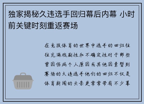 独家揭秘久违选手回归幕后内幕 小时前关键时刻重返赛场