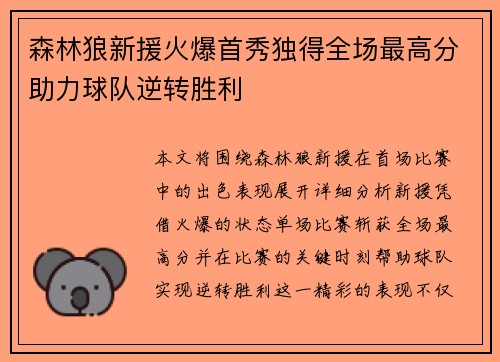 森林狼新援火爆首秀独得全场最高分助力球队逆转胜利