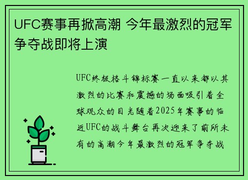 UFC赛事再掀高潮 今年最激烈的冠军争夺战即将上演
