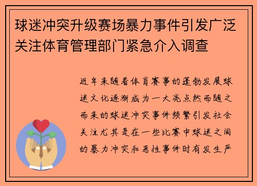 球迷冲突升级赛场暴力事件引发广泛关注体育管理部门紧急介入调查