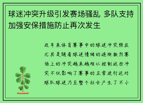 球迷冲突升级引发赛场骚乱 多队支持加强安保措施防止再次发生